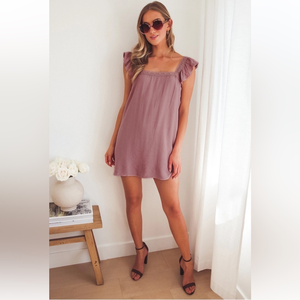 Lulus Country Charm Crinkle Mauve Ruffled Mini Shift Dress L